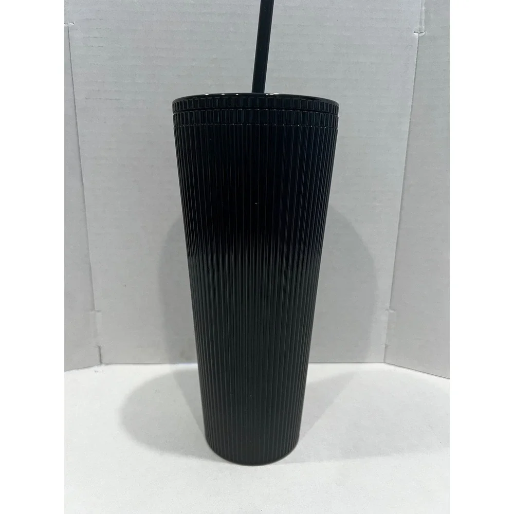 Starbucks‎ Black Pleated Ribbed Cold Cup Tumbler 24oz Siren Logo with Straw